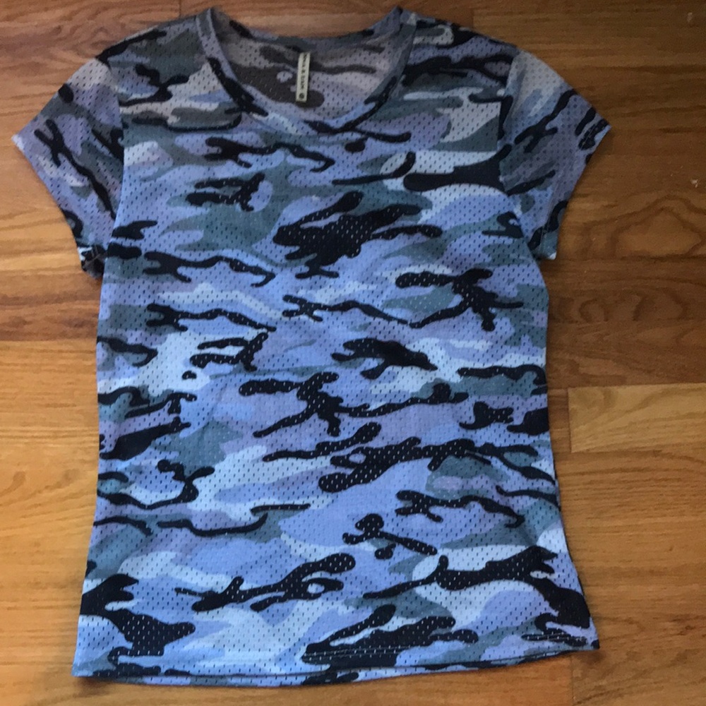 Camo: blue, white, grey, purple, and black T-shirt